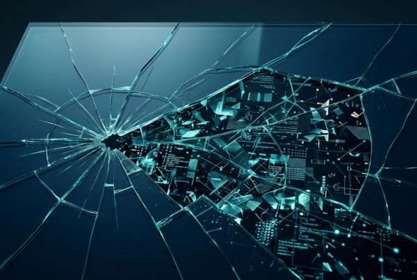 Cracked glass surface revealing fragmented data patterns underneath, representing hidden business risks