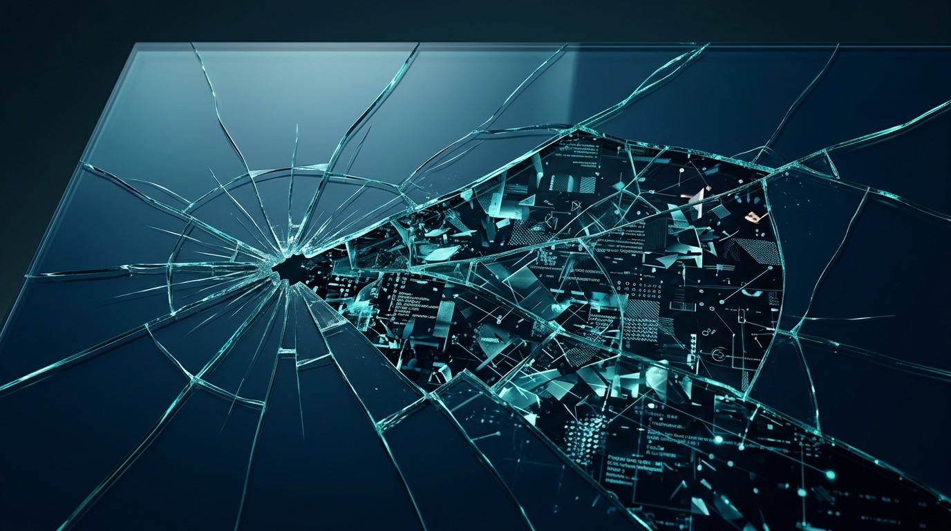 Cracked glass surface revealing fragmented data patterns underneath, representing hidden business risks