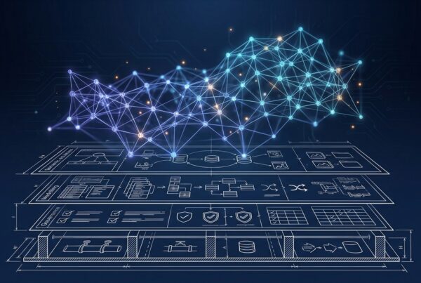 Layered architectural blueprint of data pipelines transitioning into a glowing AI neural network at the top