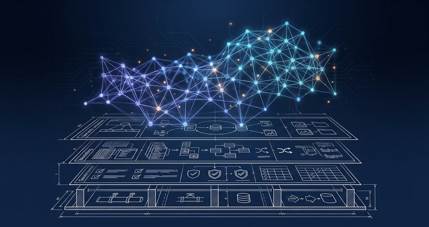 Layered architectural blueprint of data pipelines transitioning into a glowing AI neural network at the top