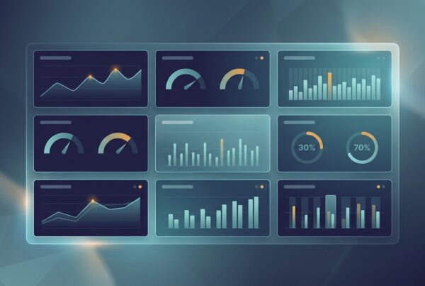 Seven floating dashboard tiles showing abstract KPI visualizations in indigo and teal palette