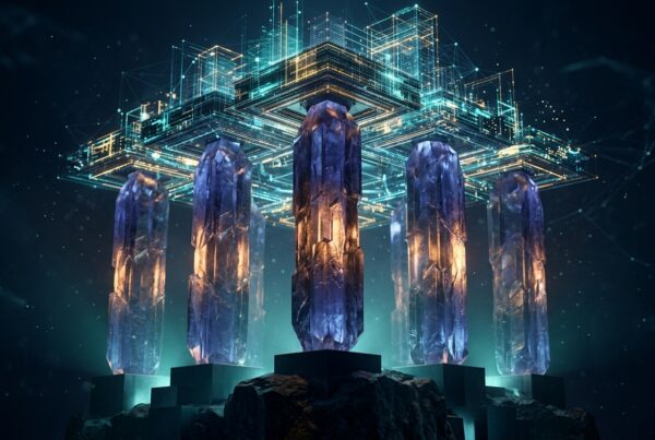 Massive translucent indigo crystal pillars supporting a glowing data structure platform on deep navy