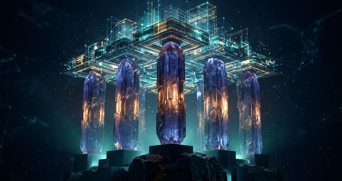 Massive translucent indigo crystal pillars supporting a glowing data structure platform on deep navy