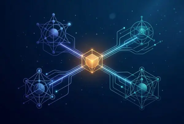 A central illuminated node connecting three distinct organizational systems via clean glowing data flow lines