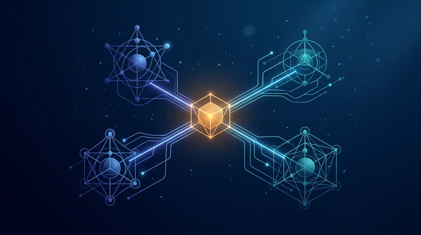 A central illuminated node connecting three distinct organizational systems via clean glowing data flow lines