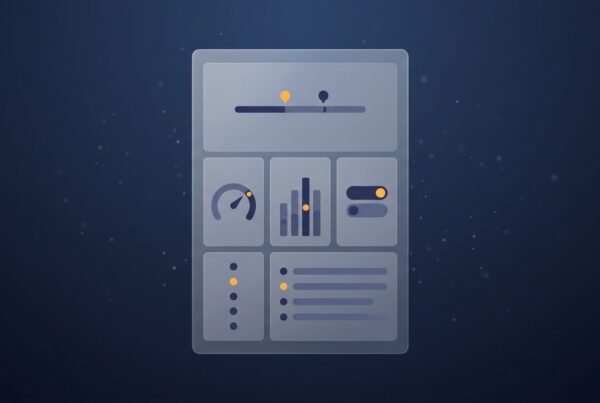 Single floating translucent A4 panel showing five abstract dashboard sections in clean indigo and slate