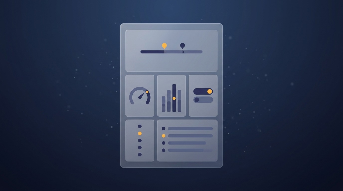 Single floating translucent A4 panel showing five abstract dashboard sections in clean indigo and slate