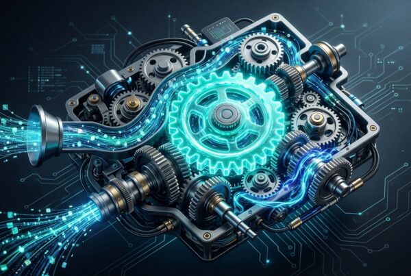 Precision-engineered machine with gears and flowing data streams representing a revenue engine