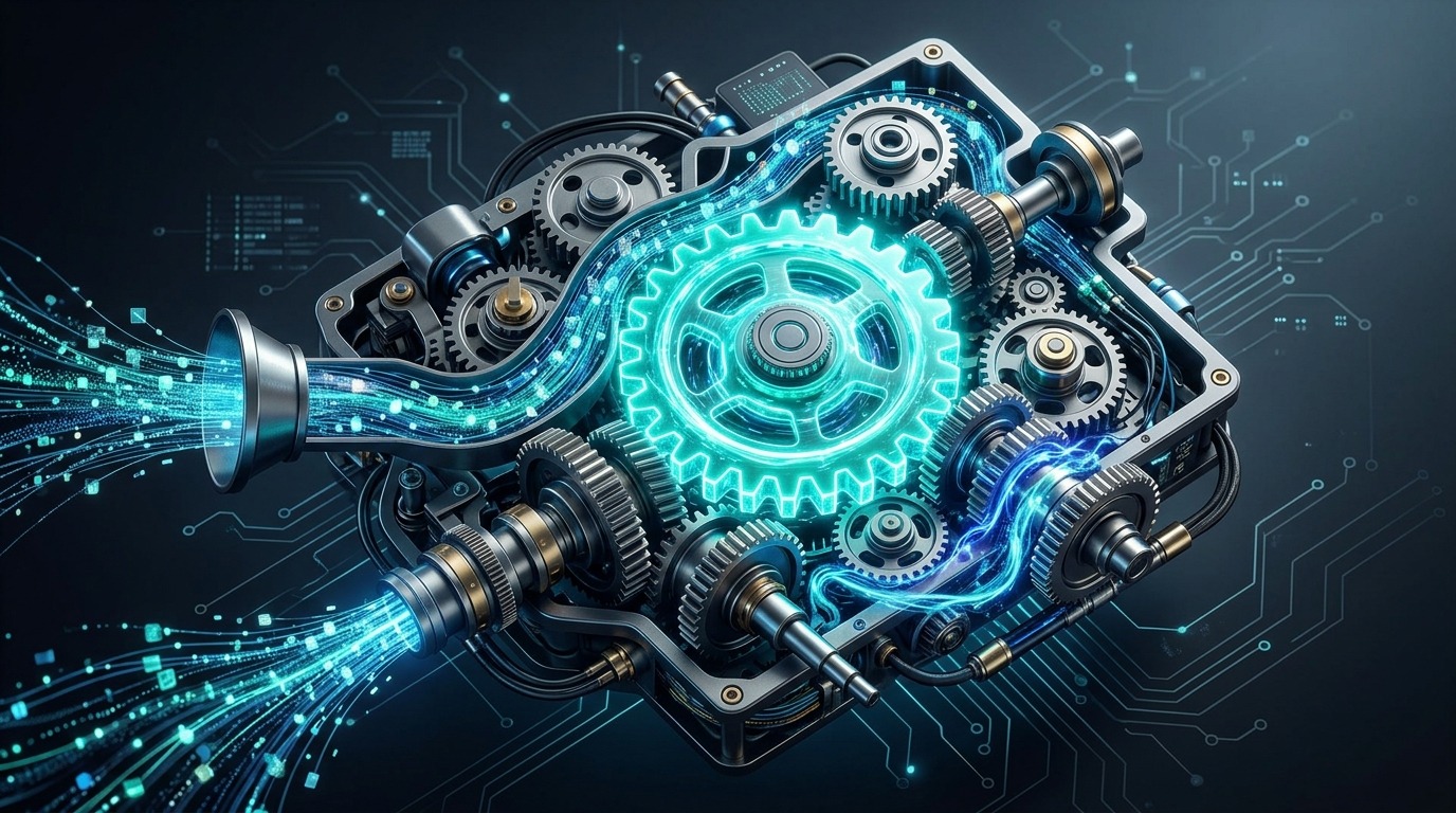 Precision-engineered machine with gears and flowing data streams representing a revenue engine