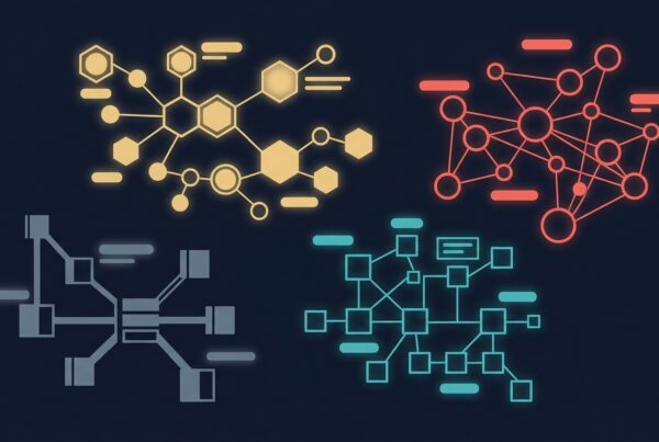 Abstract knowledge network with four distinct color-coded clusters of nodes and lines representing ontology, knowledge graph, semantic layer, and graph database as separate but related concepts