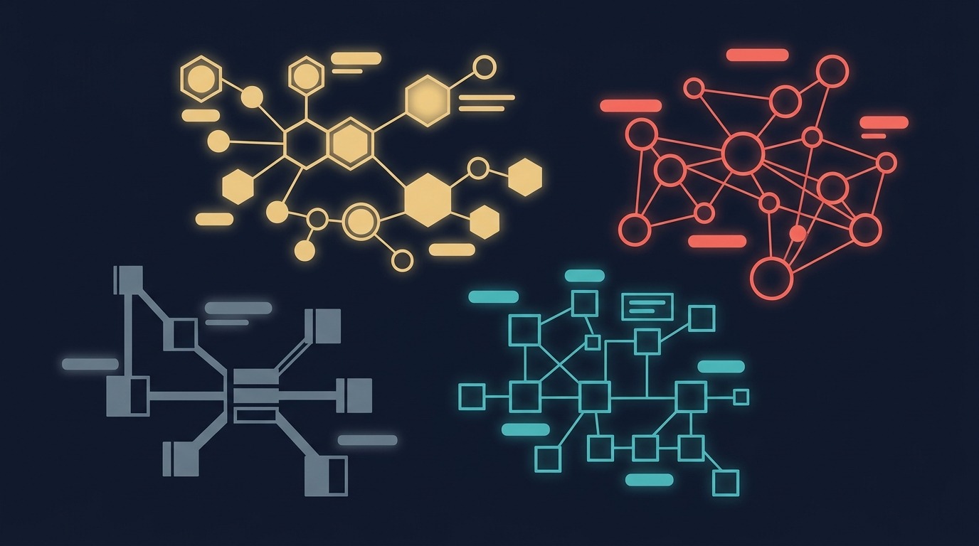 Abstract knowledge network with four distinct color-coded clusters of nodes and lines representing ontology, knowledge graph, semantic layer, and graph database as separate but related concepts