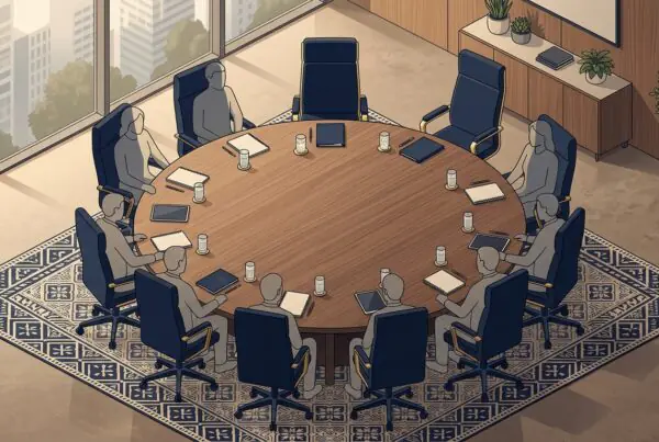 Empty executive chair at a round conference table surrounded by occupied chairs, representing the missing growth-advisor seat in an owner-CEO advisory stack