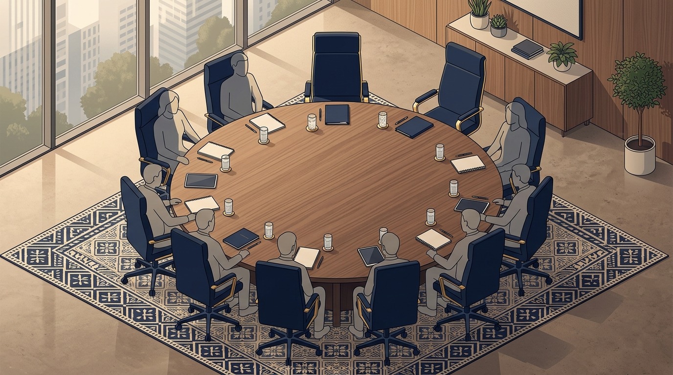 Empty executive chair at a round conference table surrounded by occupied chairs, representing the missing growth-advisor seat in an owner-CEO advisory stack