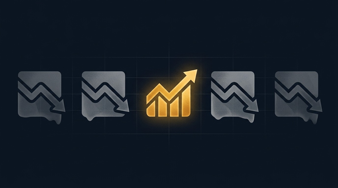 Five abstract data icons in a row representing AI initiatives, four dim and faded as failures with downward indicators, one brightly lit gold with upward trending lines representing the one in five that achieves positive ROI