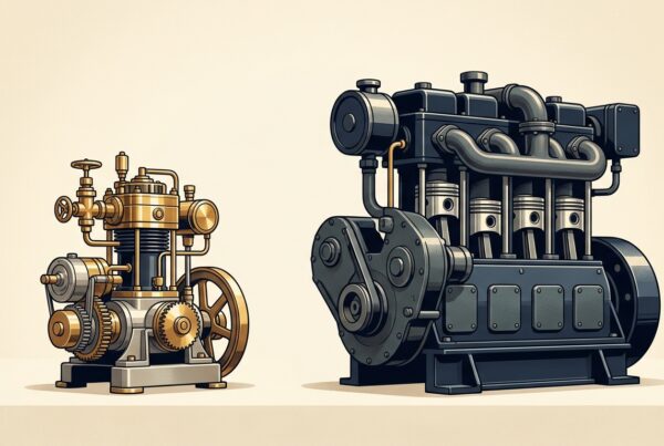 Two distinct mechanical engines side by side: a small polished gold-brass engine on the left and a larger industrial navy-steel engine on the right, representing the premium 20 percent and volume 80 percent customer segments
