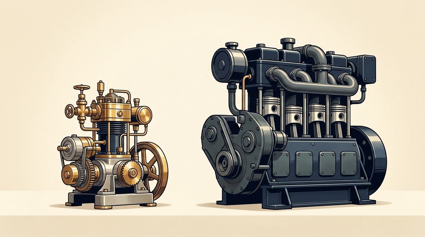 Two distinct mechanical engines side by side: a small polished gold-brass engine on the left and a larger industrial navy-steel engine on the right, representing the premium 20 percent and volume 80 percent customer segments