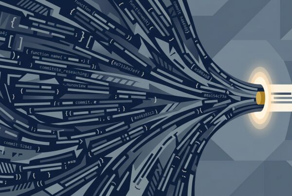 Abstract illustration of a torrent of code funneling into one narrow merge-button gate, representing the shipping bottleneck in AI-assisted development