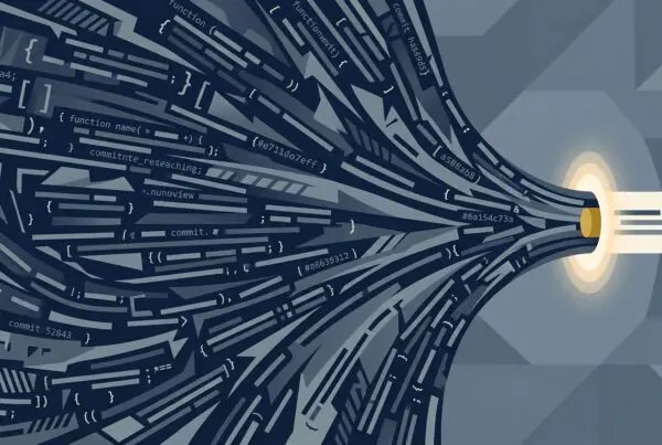 Abstract illustration of a torrent of code funneling into one narrow merge-button gate, representing the shipping bottleneck in AI-assisted development