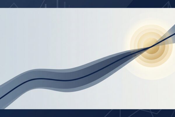 Abstract editorial illustration of a rising line with a shaded confidence band converging on a glowing gold target zone on a navy background