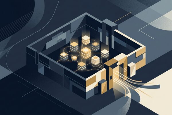 Isometric editorial illustration of a walled data enclosure with glowing data nodes inside and a single controlled gateway on a navy background