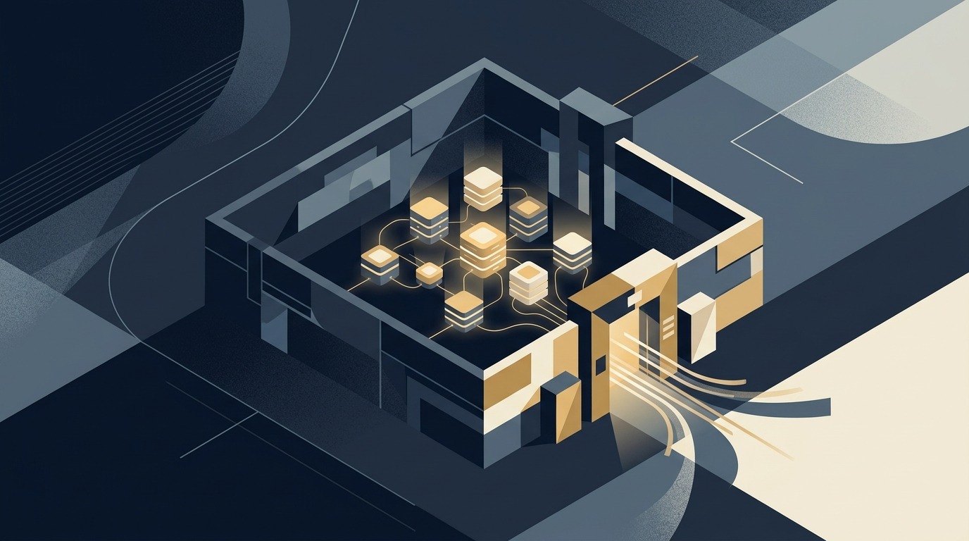 Isometric editorial illustration of a walled data enclosure with glowing data nodes inside and a single controlled gateway on a navy background