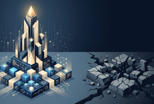 Abstract illustration of a tower rising on a solid foundation of structured data blocks beside a crumbling one, representing AI readiness and data foundations