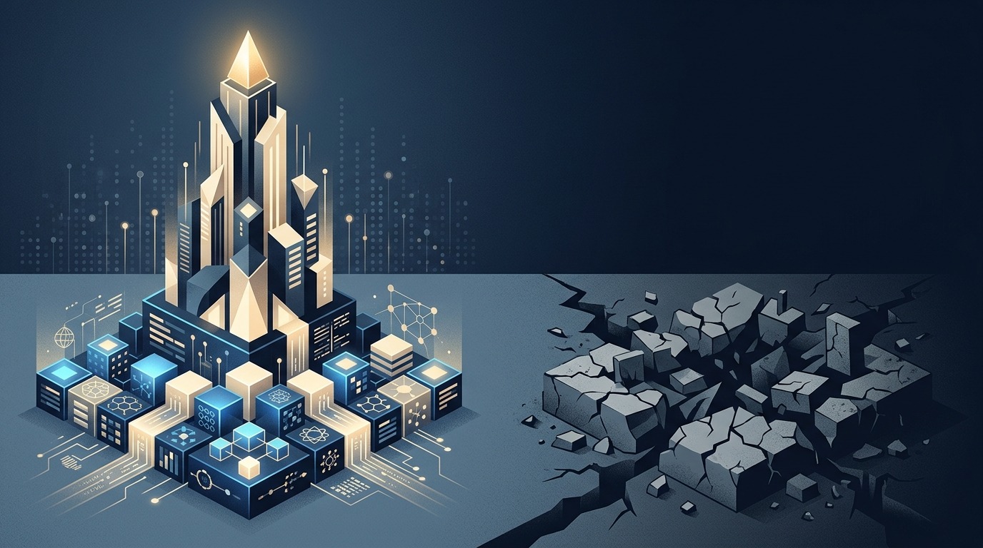 Abstract illustration of a tower rising on a solid foundation of structured data blocks beside a crumbling one, representing AI readiness and data foundations