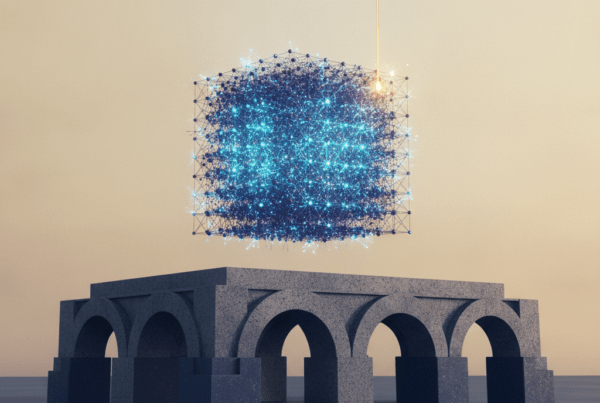 Stone arches bearing the weight of a glowing geometric data cube