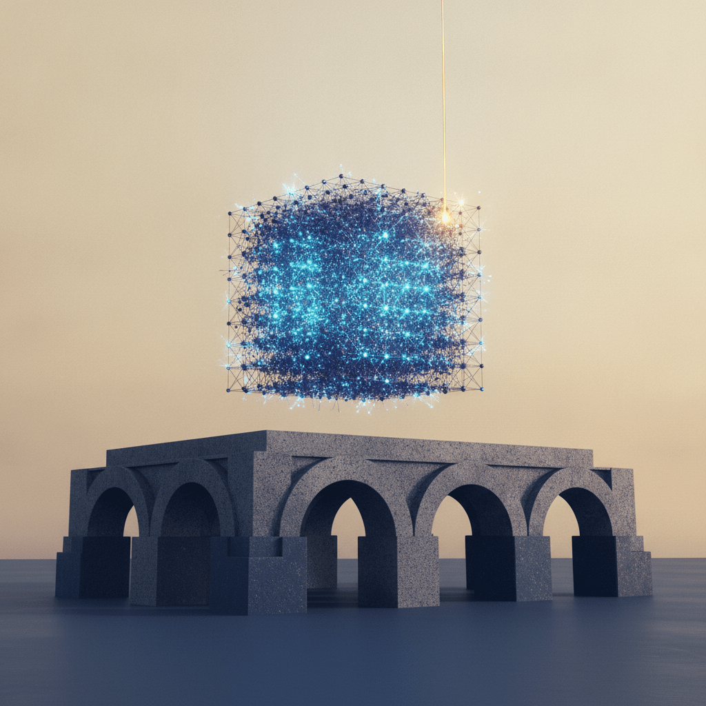 Stone arches bearing the weight of a glowing geometric data cube