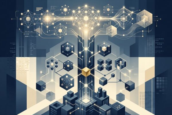 Abstract illustration of a structural data backbone of interconnected nodes grounding a layer of AI reasoning, representing the enterprise logical data model