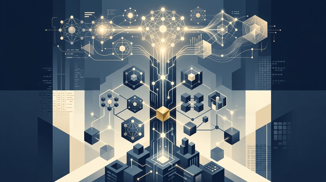Abstract illustration of a structural data backbone of interconnected nodes grounding a layer of AI reasoning, representing the enterprise logical data model