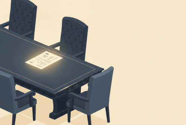 Boardroom table with a glowing data report left unused at the empty head seat