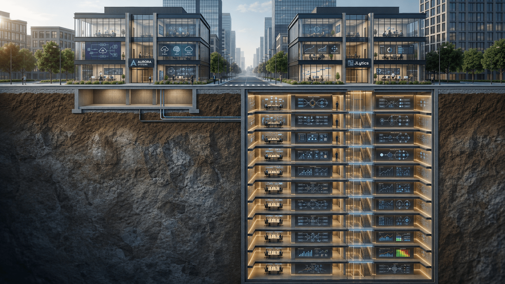 Street-level cross-section of two similar buildings. One sits on a shallow, near-empty foundation; the JLytics building extends many stories underground, packed with data systems, dashboards, and controls.