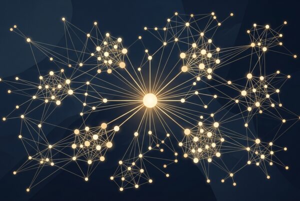 Abstract editorial illustration of a knowledge graph with a glowing central anchor node radiating to connected clusters on a navy background
