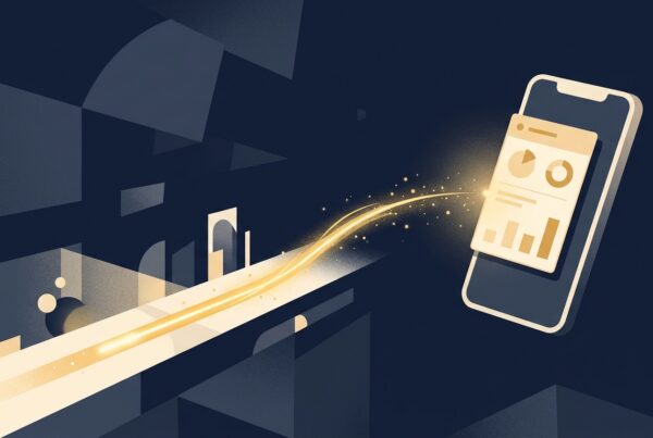 Abstract editorial illustration of a glowing data signal arriving as a single glanceable card on a floating phone on a navy background