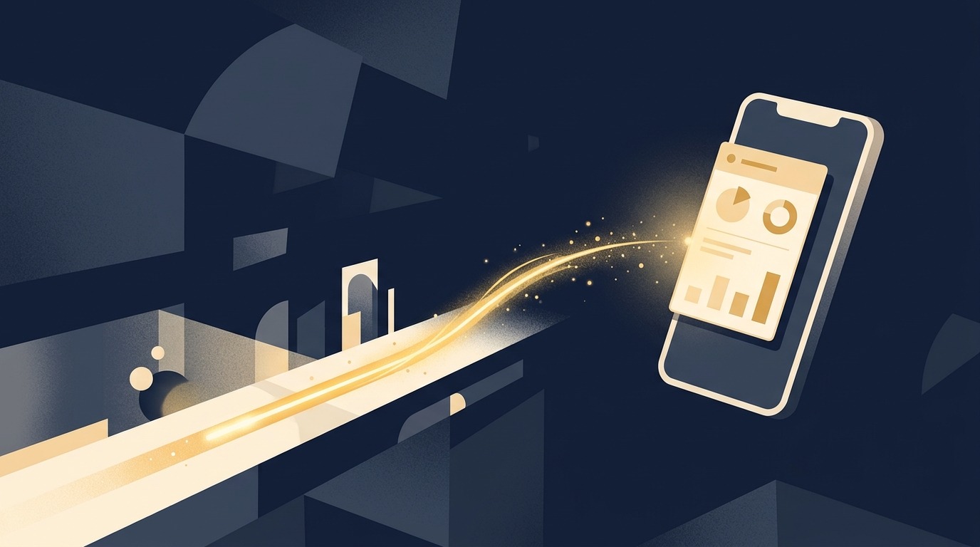 Abstract editorial illustration of a glowing data signal arriving as a single glanceable card on a floating phone on a navy background