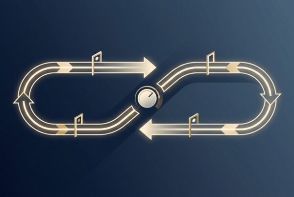 Abstract editorial illustration of a glowing closed control loop with checkpoint gates and a control dial on a navy background
