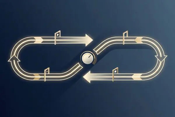 Abstract editorial illustration of a glowing closed control loop with checkpoint gates and a control dial on a navy background