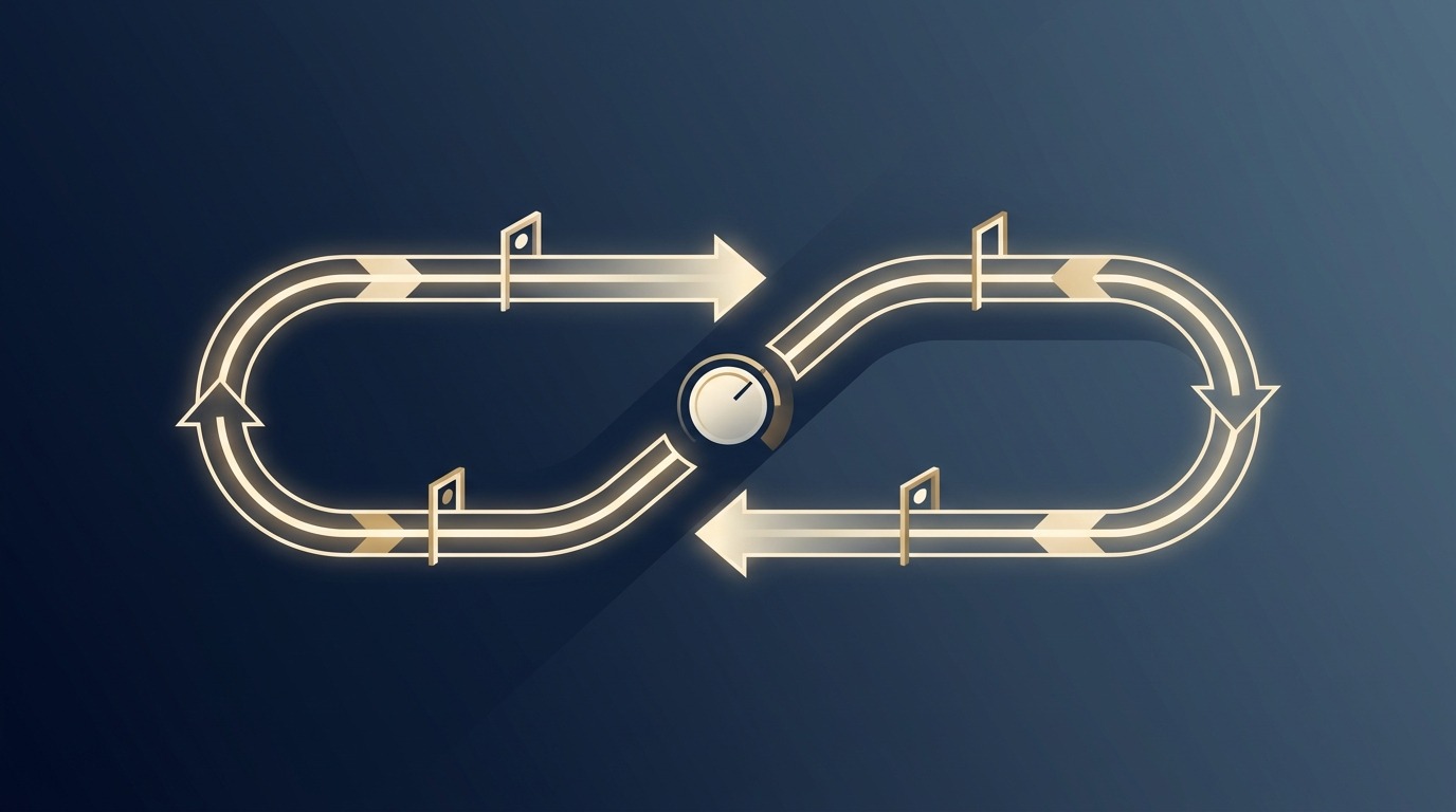 Abstract editorial illustration of a glowing closed control loop with checkpoint gates and a control dial on a navy background