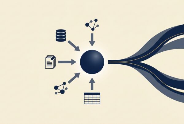 Abstract illustration of data sources and two converging streams feeding into a central AI model sphere