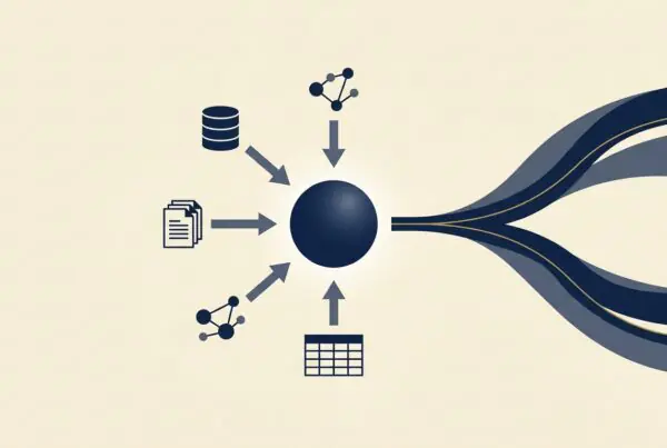 Abstract illustration of data sources and two converging streams feeding into a central AI model sphere