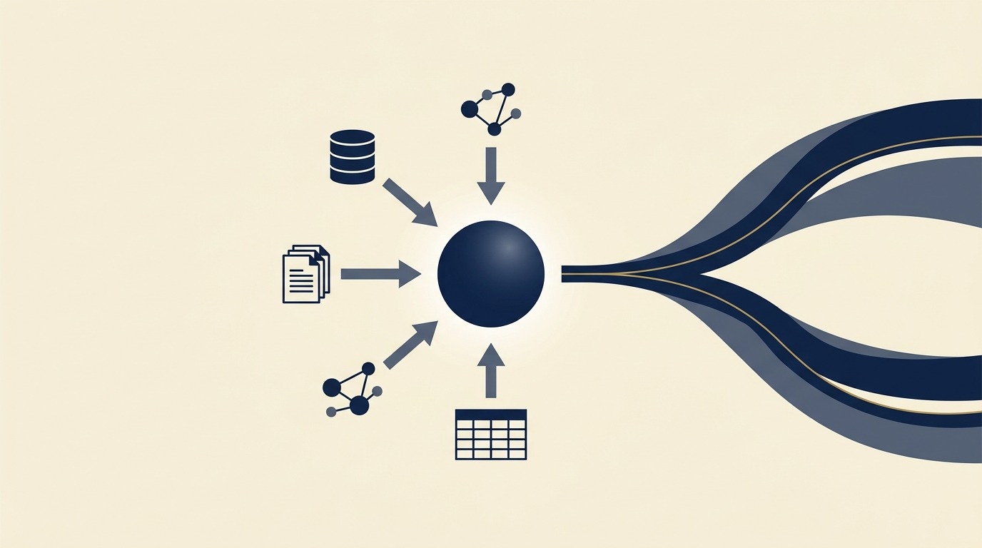 Abstract illustration of data sources and two converging streams feeding into a central AI model sphere