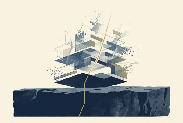 Abstract editorial illustration of a steady navy data foundation beneath dissolving AI model layers