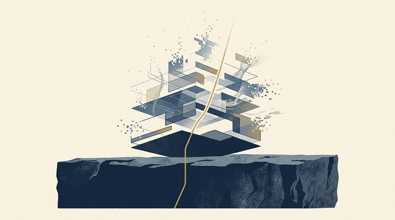 Abstract editorial illustration of a steady navy data foundation beneath dissolving AI model layers