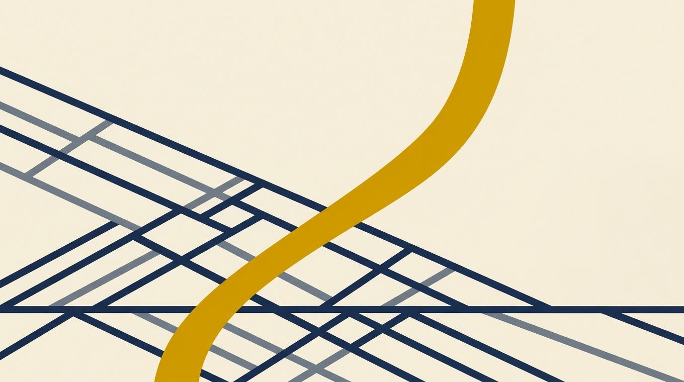 Minimalist illustration of a gold path breaking away from a rigid navy grid on cream