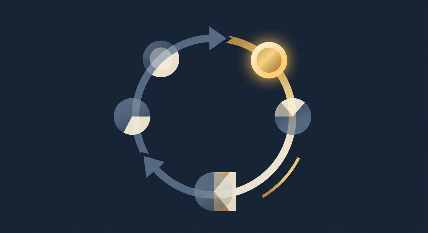 Abstract circular feedback loop with checkpoint nodes and one glowing gold verified node on a navy background