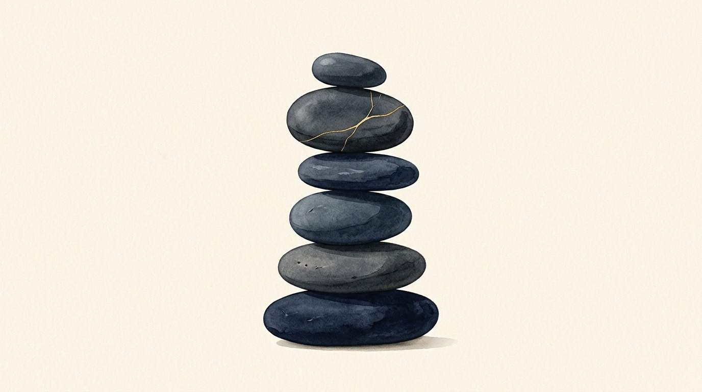 Balanced stack of slate and navy stones with one stone showing a fine gold hairline crack