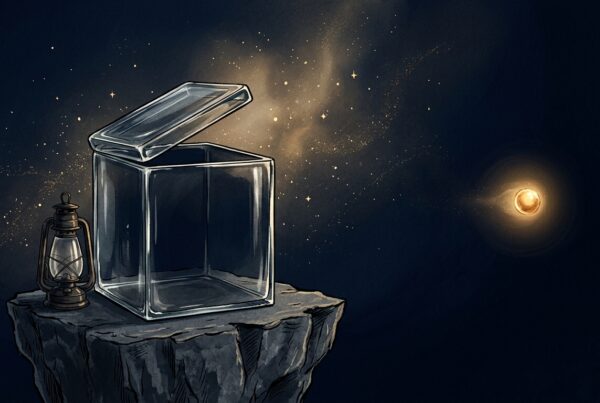 Open glass box on a pedestal with a glowing golden orb escaped and drifting away into dark space
