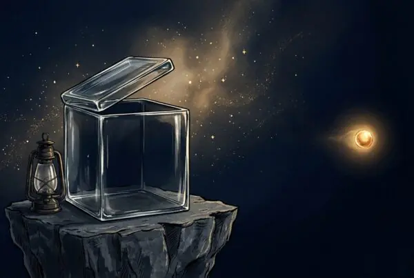 Open glass box on a pedestal with a glowing golden orb escaped and drifting away into dark space