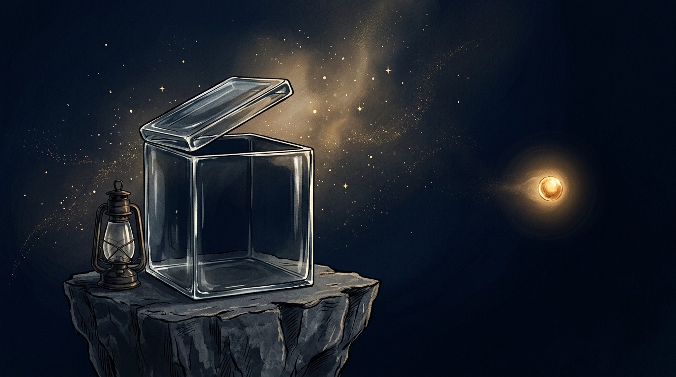 Open glass box on a pedestal with a glowing golden orb escaped and drifting away into dark space